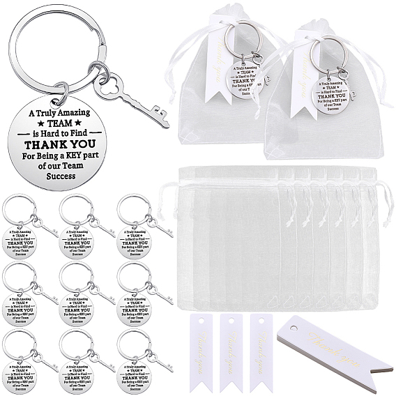 12Pcs Stainless Steel Keychains, Flat Round with Word Pattern, 12Pcs Organza Gift Bags with Drawstring, Wedding Party Christmas Favor Gift Bags, 12Pcs Paper Gift Tags