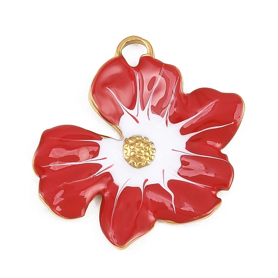 304 Stainless Steel Red Enamel Pendants, Flower Charms
