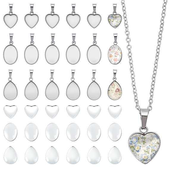 30шт 3 стили 304 настройки подвески из нержавеющей стали кабошон, с 30 стеклянными кабошонами