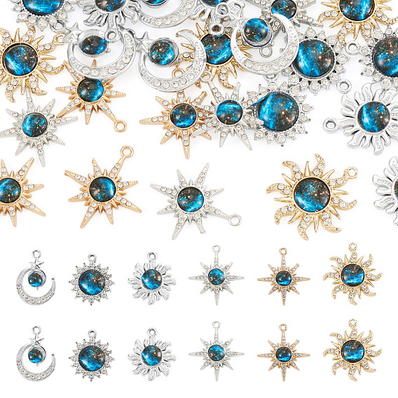 24 pcs 6 styles pendentifs en alliage de strass, breloques étoile/soleil/lune