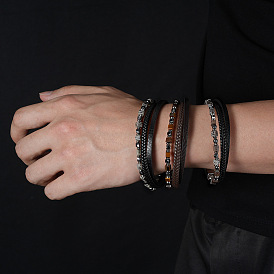 Pulseras de cuero sintético PU trenzado con cuentas cúbicas de piedra natural y hematita sintética no magnética y cierres magnéticos de acero inoxidable., color acero inoxidable