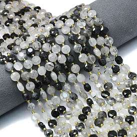 Нити натуральных кварцевых бусин черного турмалинового цвета, граненый шестиугольный разрез, плоско-круглые, с бисером