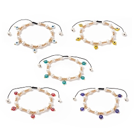 Bracelets de perles tressées en graines de verre et perles naturelles, bracelet à breloques en lampe mauvais œil pour femme