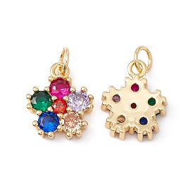 Rack Plating Brass Micro Pave Colorful Cubic Zirconia Pendants, with Jump Ring, Cadmium Free & Nickel Free & Lead Free, Flower