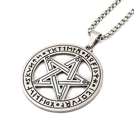 201 Stainless Steel Pendant Necklaces, Box Chain Necklaces, Flat Round with Star
