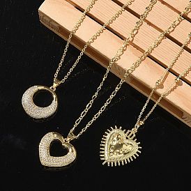 Brass Micro Pave Clear Cubic Zirconia Pendant Necklaces for Women, Moon/Heart, Real 18K Gold Plated