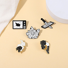 Kawaii Gothic Lolita Dress with Black and White Brooch Pin Set, Sadako Phone Charm, Crystal Metal Badge Accessories