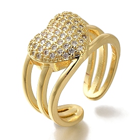 Rack Plating Heart Brass Clear Cubic Zirconia Open Cuff Rings, Cadmium Free & Lead Free, Long-Lasting Plated, for Women