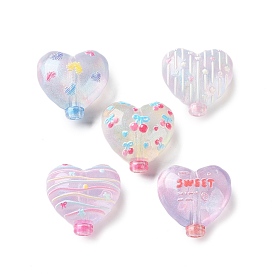 Transparent Printed Acrylic Beads, Heart Balloon with Cherry & Star & Bowknot & Word Sweet Pattern
