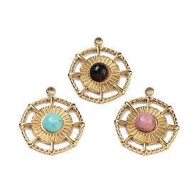 Ion Plating(IP) 304 Stainless Steel Pendants, Gemstone Flat Round Charms, Real 18K Gold Plated