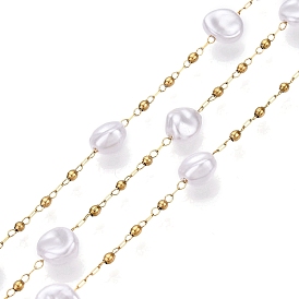 Handmade ABS Plastic Imitation Pearl Beads Chains, for Necklaces Bracelets Making, with 304 Stainless Steel Link Chains, Soldered, with Spool