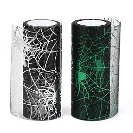 Halloween Deco Mesh Ribbons, Sparkle Tulle Fabric, for DIY Craft Gift Packaging, Home Party Wall Decoration, Spider & Spider Web pattern
