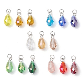 15Pcs Electroplate Glass Pendants, with Stainless Steel Jump Rings, Faceted, Teardrop