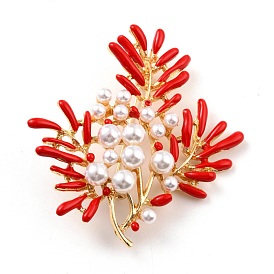 Coral Shape Alloy Brooch with Resin Pearl, Exquisite Lapel Pin for Girl Women, Golden