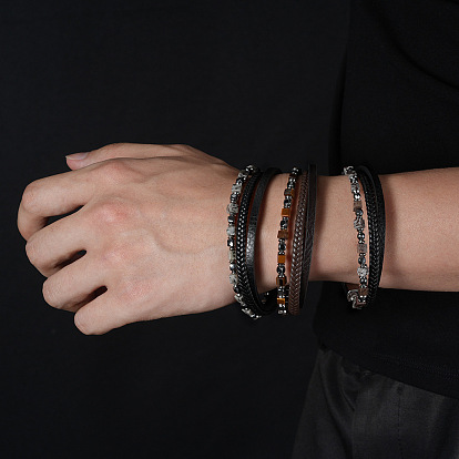 Pulseras de cuero sintético PU trenzado con cuentas cúbicas de piedra natural y hematita sintética no magnética y cierres magnéticos de acero inoxidable., color acero inoxidable