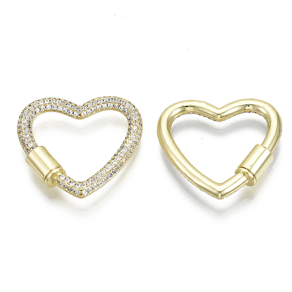 Brass Micro Pave Cubic Zirconia Screw Carabiner Lock Charms, for Necklaces Making, Heart, Nickel Free, Real 16K Gold Plated