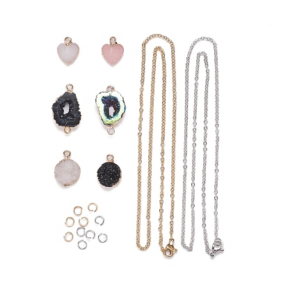DIY Necklaces Making Kits, Including Flat Round & Heart Resin Pendants, Nuggets Resin Links Connectors, 304 Stainless Steel Open Jump Rings & Cable Chain Necklaces