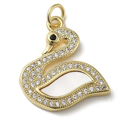 Brass Micro Pave Cubic Zirconia Pendants, Cadmium Free & Lead Free, with Shell, Swan