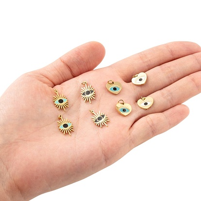 8Pcs 4 Style 316 Surgical Stainless Steel Enamel Pendants, with Jump Rings, Golden, Evil Eye & Heart with Evil Eye