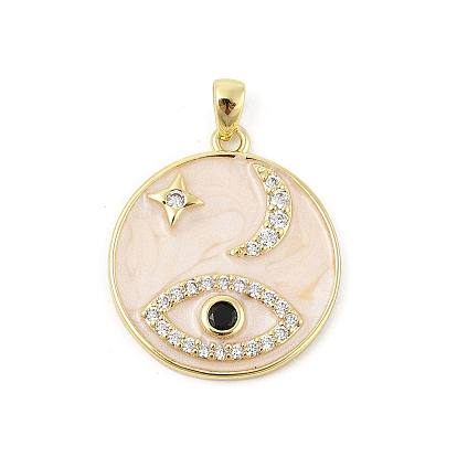 Латунные микро проложить кубического циркония подвески, Эмаль стиле, плоские круглые с сглаза, стойки покрытие, долговечный, без свинца и без кадмия