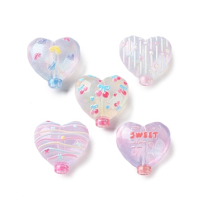 Transparent Printed Acrylic Beads, Heart Balloon with Cherry & Star & Bowknot & Word Sweet Pattern