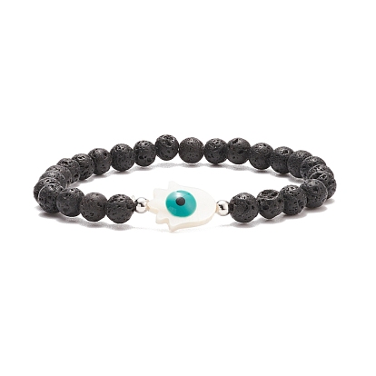 Hamsa Hand with Evil Eye Shell & Natural Lava Rock Beaded Stretch Bracelet, Essential Oil Gemstone Jewelry for Women