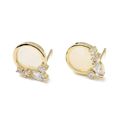 Natural White Shell Flat Round Stud Earrings with Clear Cubic Zirconia, Brass Jewelry for Women, Cadmium Free & Nickel Free & Lead Free