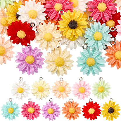 44Pcs 11 Colors Opaque Resin Pendants, Daisy, with Platinum Tone Loop