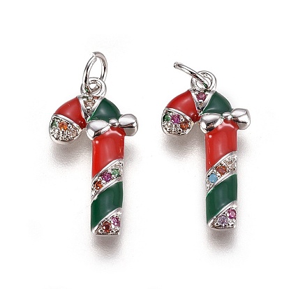 Латунные микро проложить кубического циркония подвески, с эмалью и кольцом для прыжков, Рождество конфеты, красный и зеленый