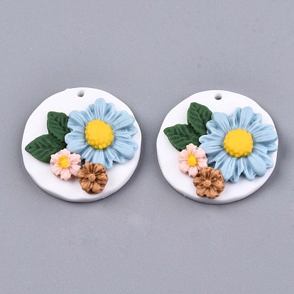 Handmade Polymer Clay Pendants, Flat Round with Flower