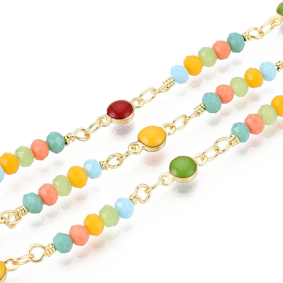 Цепочка из латунной эмали ручной работы с плоскими круглыми звеньями и стеклянными бусинами, с катушкой, пайки, реальный 18 k позолоченный