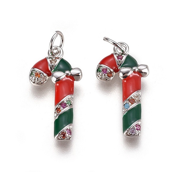 Латунные микро проложить кубического циркония подвески, с эмалью и кольцом для прыжков, Рождество конфеты, красный и зеленый