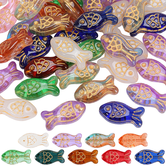 60pcs perles de verre transparentes peintes à la cuisson, poisson, métal doré enlaça