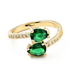 Green Cubic Zirconia Teardrop Open Cuff Ring, Brass Jewelry for Women, Cadmium Free & Lead Free