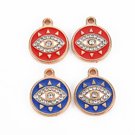 Alloy Pendants, with Enamel and Rhinestone, Light Gold, Flat Round with Eye
