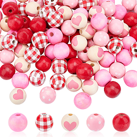 100Pcs 5 Style Dyed Natural Wooden Beads, Round with Wave Point & Heart & Tartan Pattern