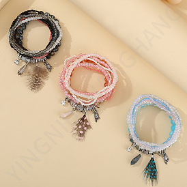 Feather Pendant Bracelet Set for Women, Multi-Layer Couple BFF Handmade Beaded Jewelry Gift