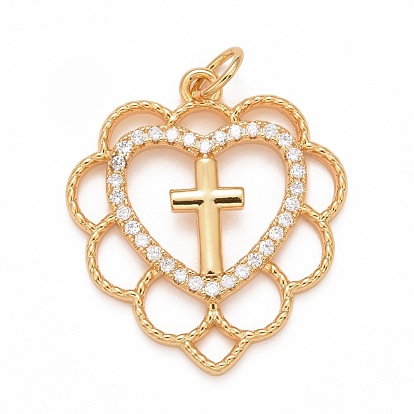 Rack Plating Brass Micro Pave Clear Cubic Zirconia Pendants, Cadmium Free & Nickel Free & Lead Free, Long-Lasting Plated, Heart with Cross