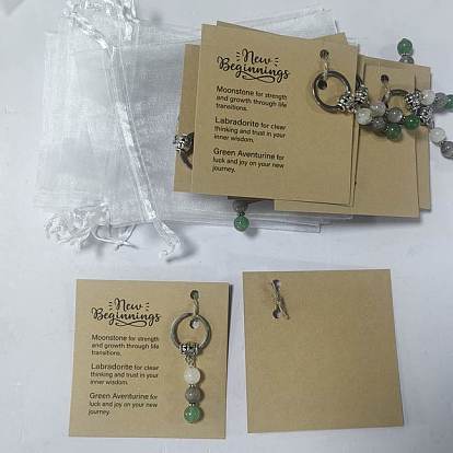 37Pcs Round Natural Mixed Gemstone Keychain, with Organza Gift Bags and Paper Card and Jute Cord