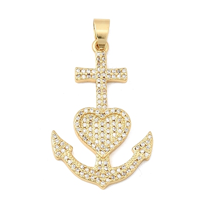 Латунные микропаве прозрачные подвески с фианитом, долговечный, стойки покрытие, без свинца и без кадмия, якорь с сердечками