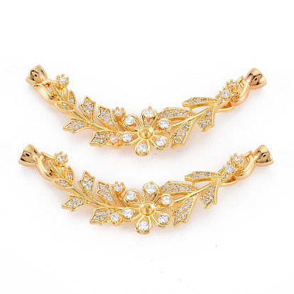 Brass Micro Pave Clear Cubic Zirconia Peg Bails Fold Over Clasps, for Half Drilled Bead, Nickel Free, Flower