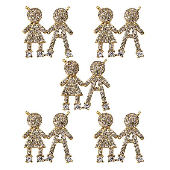 5Pcs Brass Micro Pave Clear Cubic Zirconia Pendants, Nickel Free, Couples