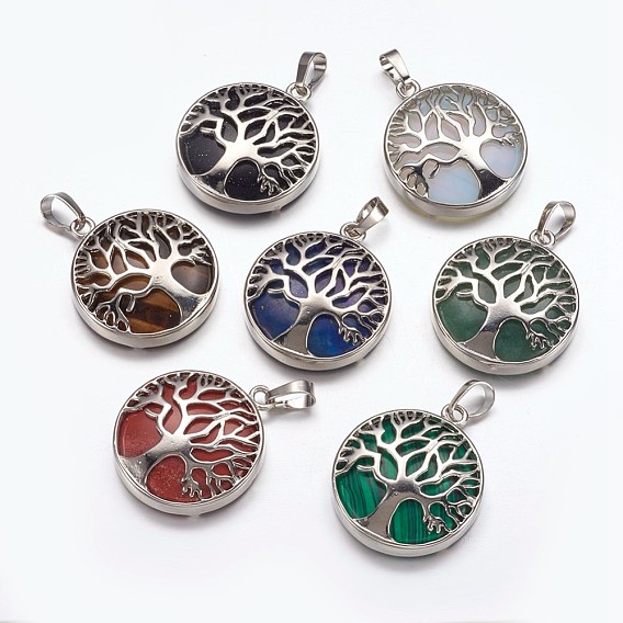 Gemstone Pendants, with Brass Finding, Flat Round with Tree of Life, Platinum