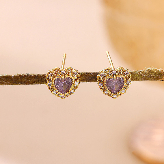 Brass Micro Pave Cubic Zirconia Stud Earrings, Heart