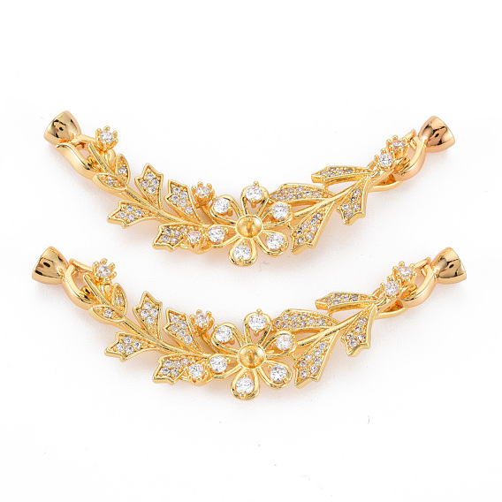 Brass Micro Pave Clear Cubic Zirconia Peg Bails Fold Over Clasps, for Half Drilled Bead, Nickel Free, Flower