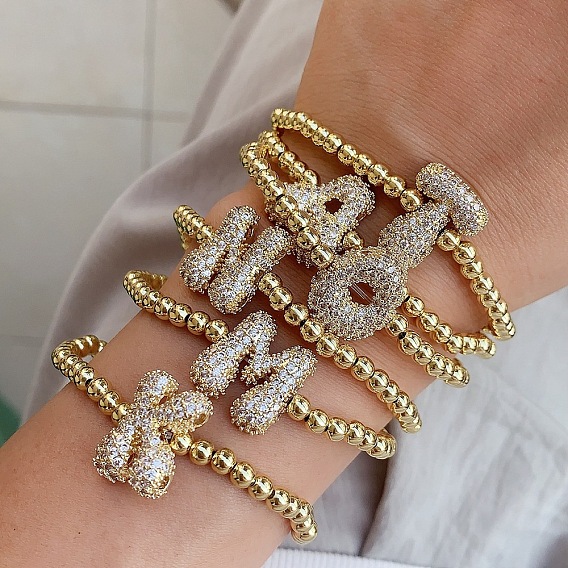 Женские браслеты из латуни с микропаве из прозрачных кубических цирконий, письмо/сердце, золотые