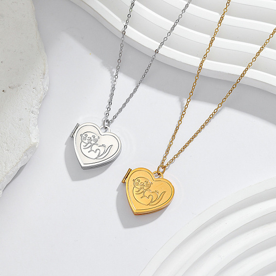 304 Stainless Steel Heart with Bank Beaver Magnetic Photo Locket Pendant Necklaces for Women