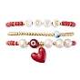 3Pcs 3 Style Natural Pearl & Glass & Acrylic Word Stretch Bracelets Set, Evil Eye & Brass Heart Stackable Bracelets for Valentine's Day