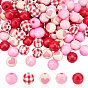 100Pcs 5 Style Dyed Natural Wooden Beads, Round with Wave Point & Heart & Tartan Pattern