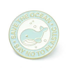 Save the Ocean Alloy Enamel Brooches, Enamel Pin, Flat Round with Whale and Say No to Plastic